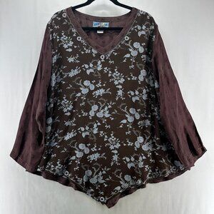 Tienda Ho Blouse Women One Size Asymmetrical Hem V-Neck Long Sleeve Floral Brown